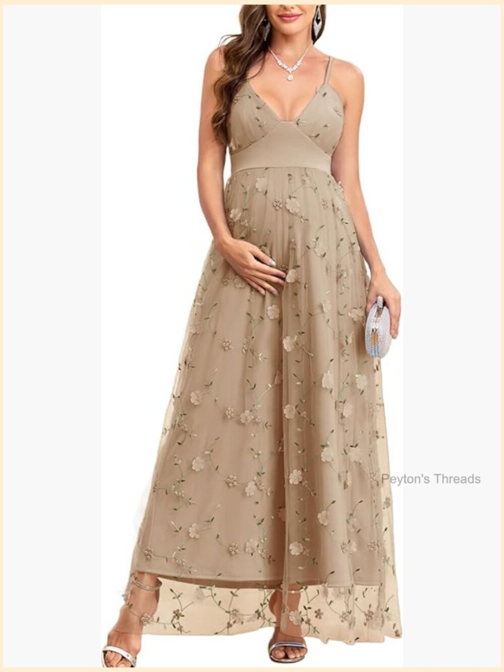 3D Floral Maternity Maxi Dress V-Neck Tulle Spaghetti Strap A-Line Pregnancy